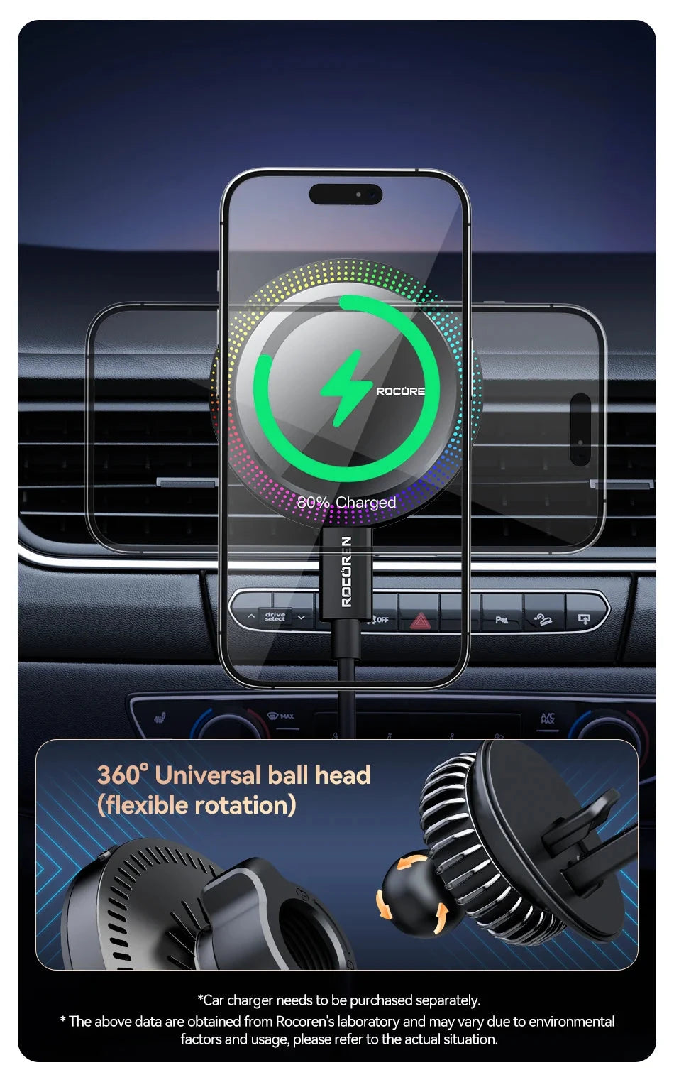 Rocoren Magnetic Car Phone Holder Fast Charging Wireless Charger With RGB light Magnet Car Stander For iPhone 15 14 13 Pro Max