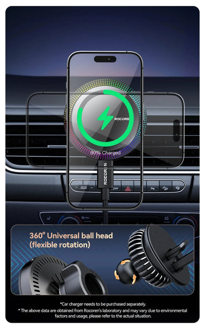 Rocoren Magnetic Car Phone Holder Fast Charging Wireless Charger With RGB light Magnet Car Stander For iPhone 15 14 13 Pro Max
