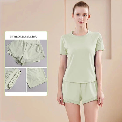 Yoga Set Women Sport T-Shirt Back Mesh Design High Waist Shorts Quick Dry Run Yoga Sports Short Sleeve Shorts Two-piece Yoga Set