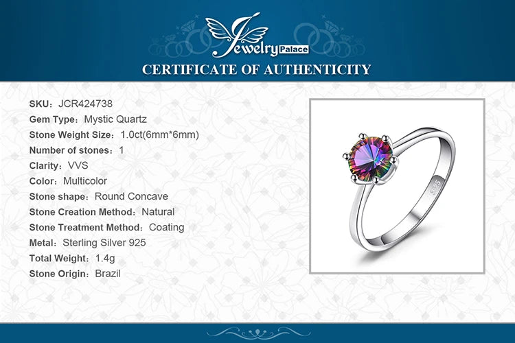 JewelryPalace  Natural Rainbow Mystic Quartz 925 Sterling Silver Ring for Women Solitaire Gemstone Jewelry Engagement Ring