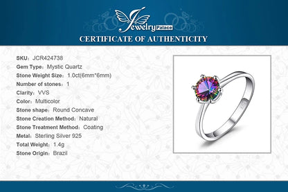 JewelryPalace  Natural Rainbow Mystic Quartz 925 Sterling Silver Ring for Women Solitaire Gemstone Jewelry Engagement Ring