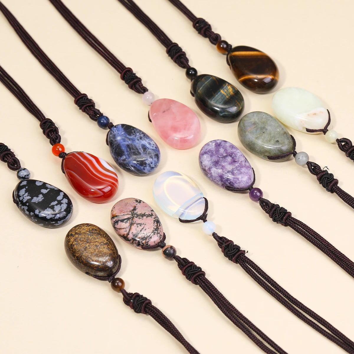 Casual Simple Natural Water Droplet Pendant Necklace Amethyst Opal Obsidian Red Agate Pendant Adjustable Cord Chain Necklace