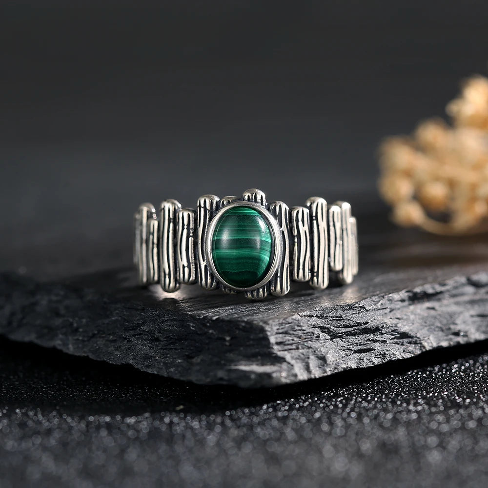 S925 Adjustable Malachite Ring Natural Gemstone Jewelry Textured Boho Silver Ring for Women, Healing Crystal Gift 925 Sterling - AMULET RING STORE