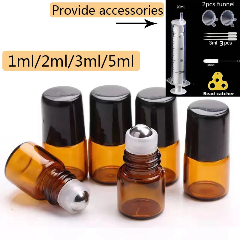 50pcs 1ml 2ml 3ml 5ml Glass Roll On Bottles For Essential Oils Amber Refillable Glass Roller Metal Oil Vials Mini Bottle - AMULET RING STORE