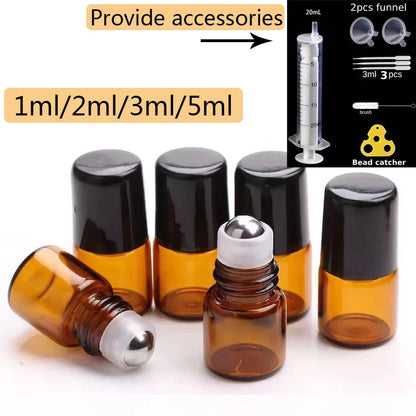 50pcs 1ml 2ml 3ml 5ml Glass Roll On Bottles For Essential Oils Amber Refillable Glass Roller Metal Oil Vials Mini Bottle - AMULET RING STORE