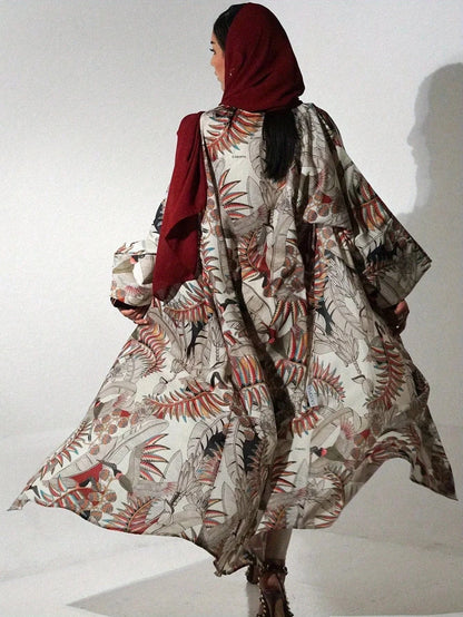 Middle Eastern Loose Printed Floral Abaya Muslim Full Sleeve Open Front Abayas Women Jilbabs Islamic Maxi Dresses Turkey Kaftans - AMULET RING STORE