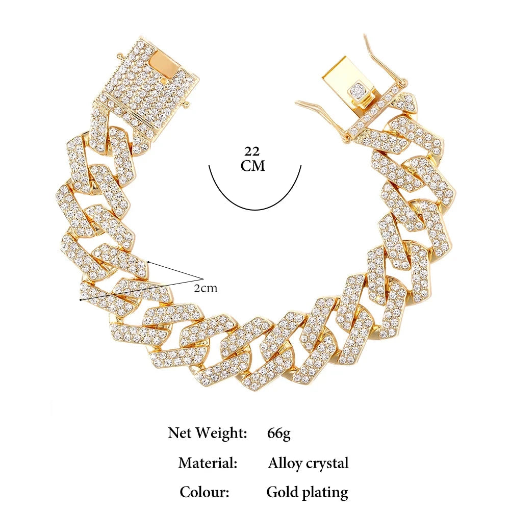 Iced Out Bling AAA Rhinestones Prong Cuban Link Chain Men's Necklace 2 Row Crystal Curb Cuban Chain Hip Hop Jewelry 13/14/20MM - AMULET RING STORE