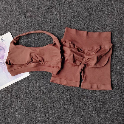 2 Pieces Yoga Suit for Women Seamless Fitness Gym Clothes Halter Sports Bra Matching Impact Shorts Workout Sets Gym Outfit