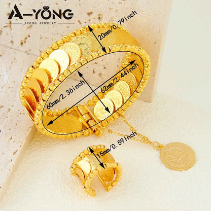 Luxury Turkish Coins Charm Jewelry Set 24k Gold Plated Kurdish Muslim Bridal Open Bangles Ring Middle Eastern Vintage Jewelrys