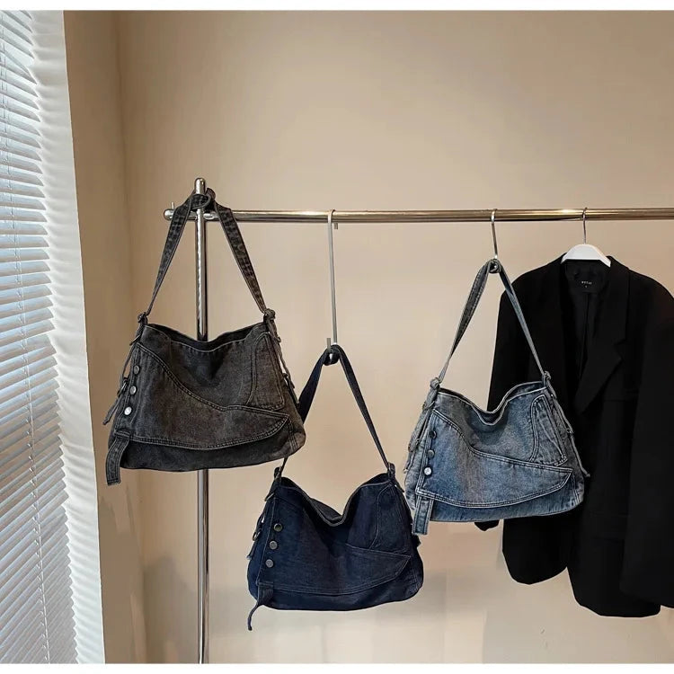 2025 New Women's Denim Tote Bag - Retro Crossbody Shoulder Bag with Large Capacity for Work & Commute, Fashionable Denim Handbag