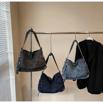 2025 New Women's Denim Tote Bag - Retro Crossbody Shoulder Bag with Large Capacity for Work & Commute, Fashionable Denim Handbag