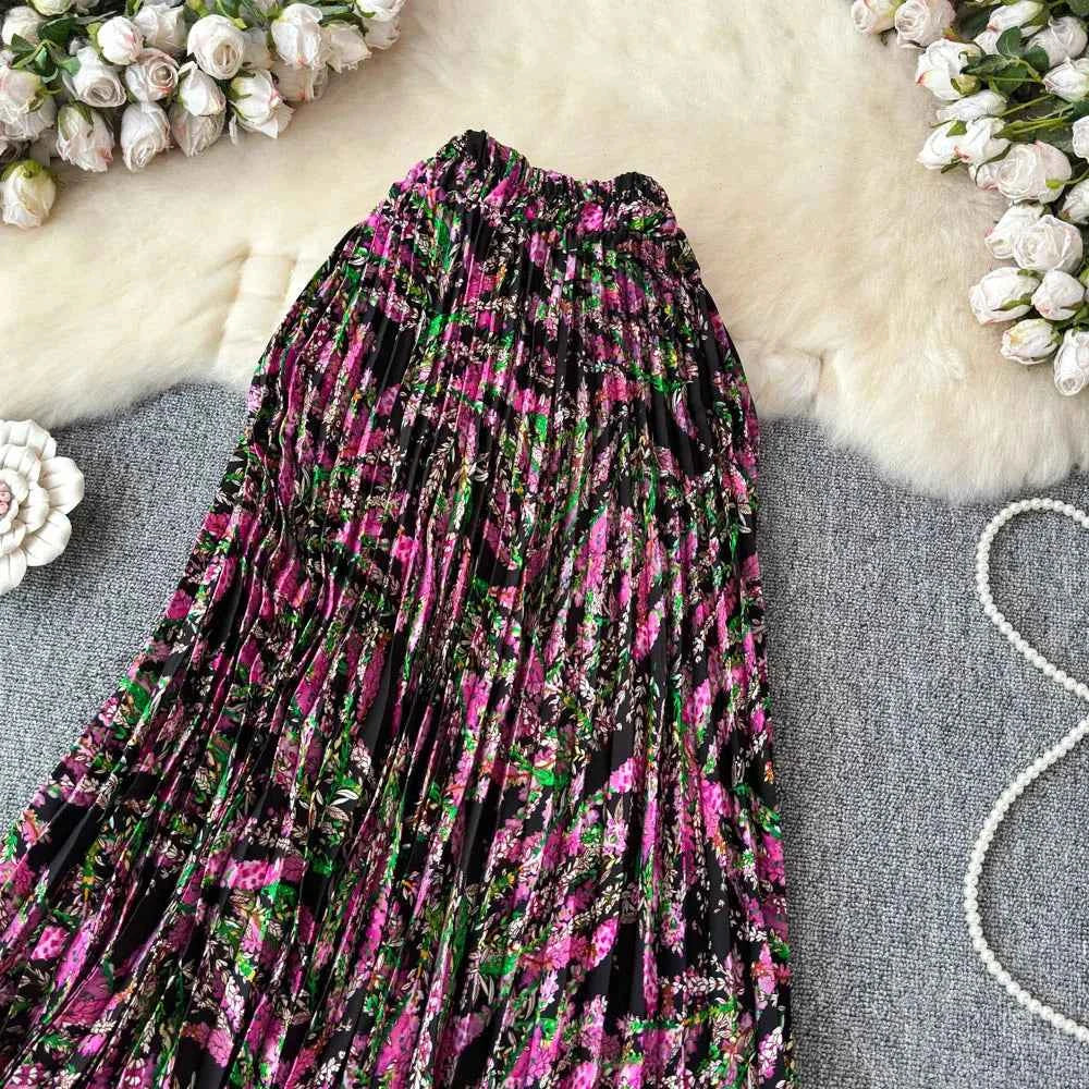 Chiffon A-Line Midi Skirt Women's Autumn 2025 New Sle Cover Hip Draped Large Swing Umbrella Skirt Pleated Floral Skirt