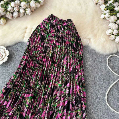 Chiffon A-Line Midi Skirt Women's Autumn 2025 New Sle Cover Hip Draped Large Swing Umbrella Skirt Pleated Floral Skirt