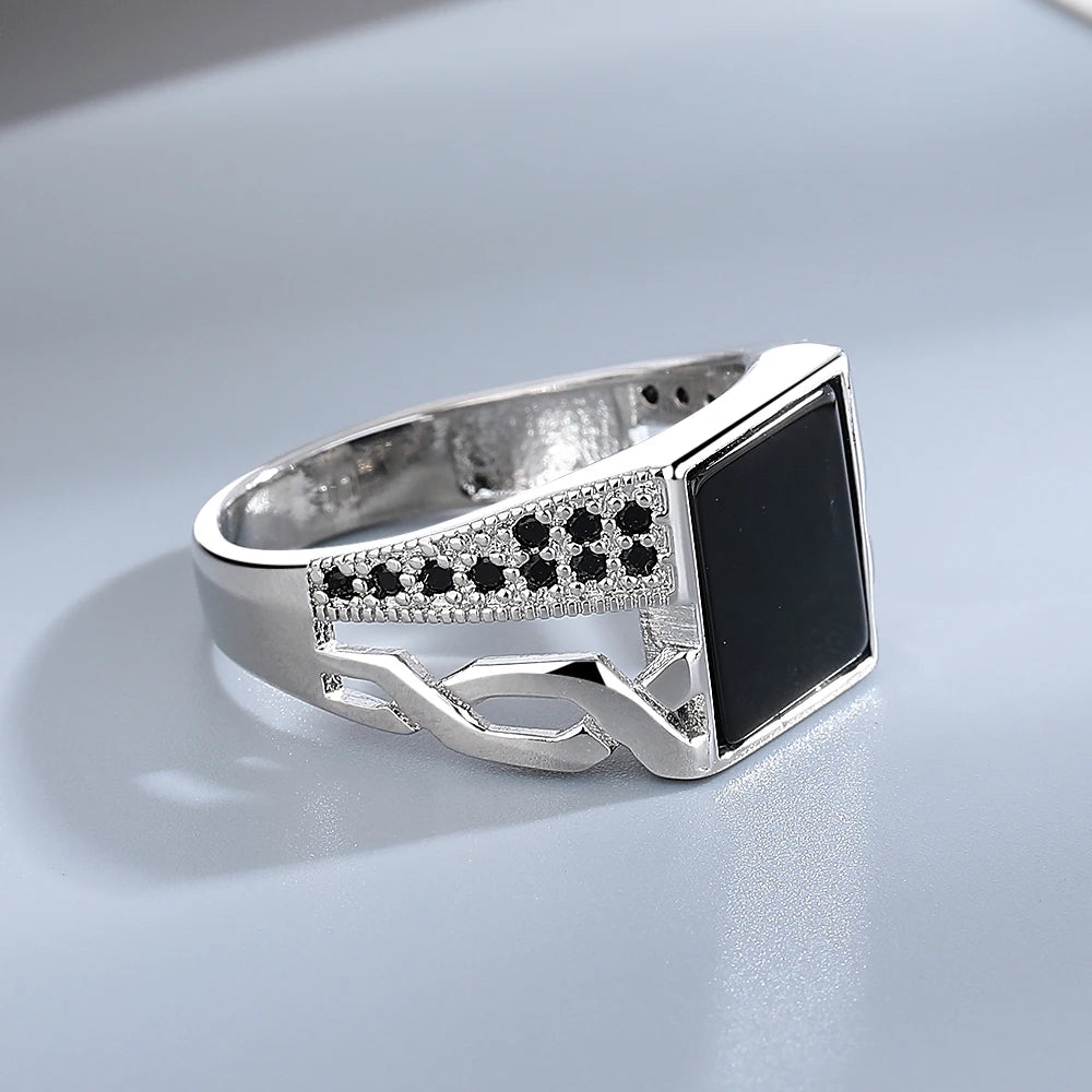 Silver Jewelry Ring Natural Oval Rectangle Big Black Agate Stone Vintage Ring For Women Party Anniversary Gifts Fine Jewelry