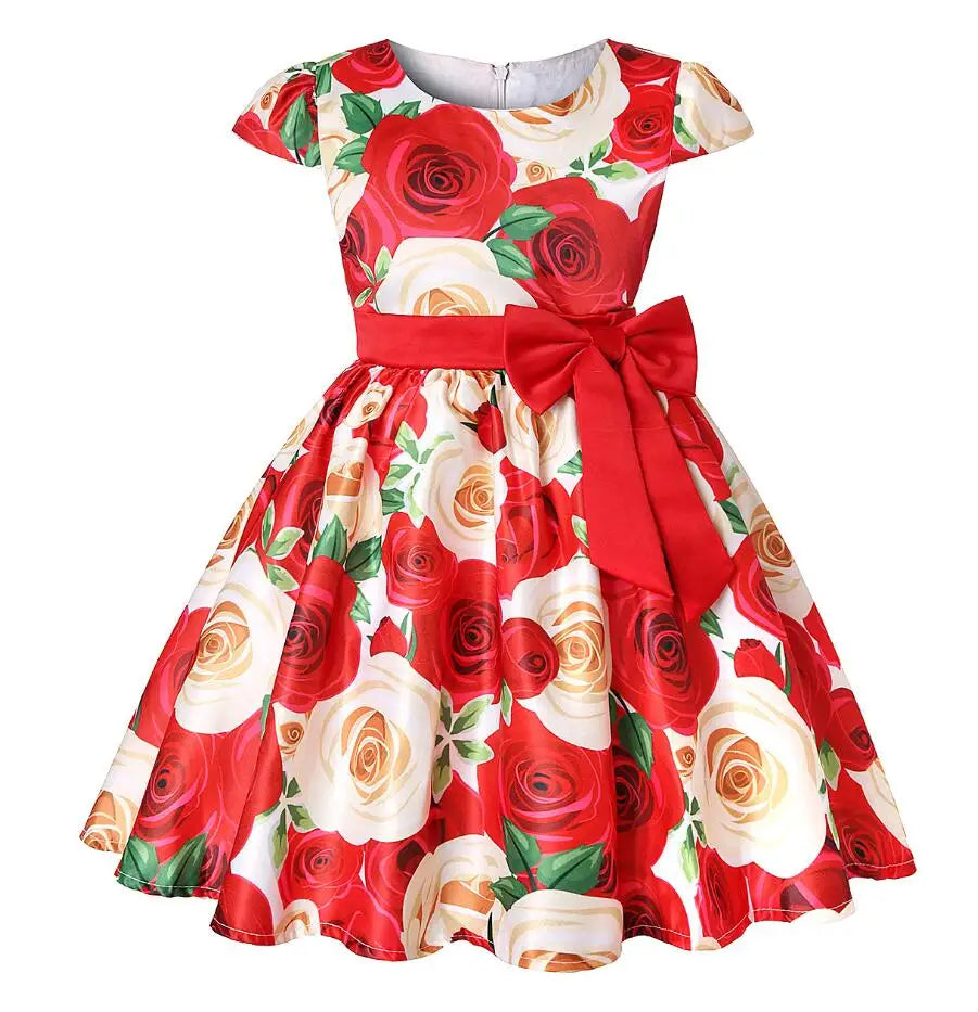 Summer Girls Rose Print Dress Princess Wedding Birthday Party Frocks Satin Children Vestidos Dresses For Girl Christmas Clothing