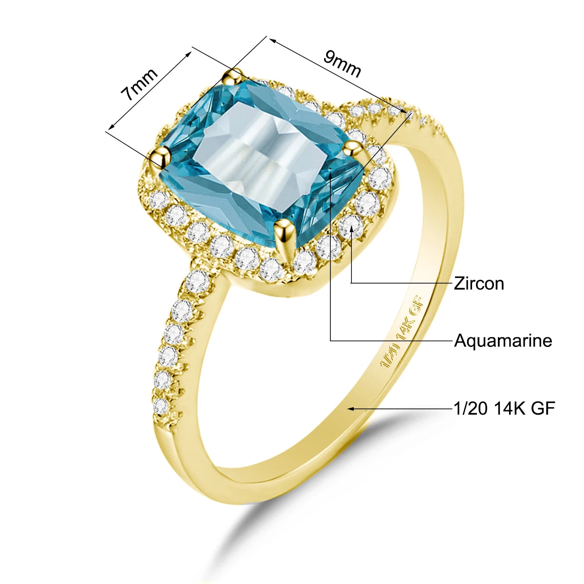 Solid 14K Gold Filled Aquamarine Ring for Women Retro Halo Design Gemstone Ring for Party Mother's Day Gifts Vintage Jewellery