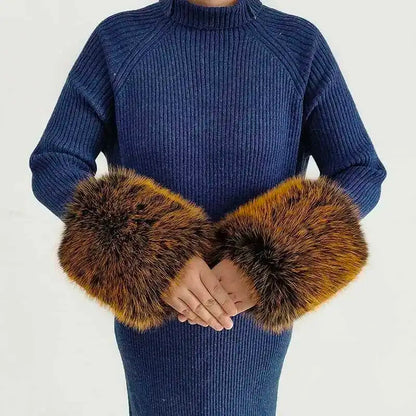 Large Winter Faux Fox Fur Scarf Women Jackets Warm Fluffy Shawl Fashion Artificial Fur Collar And Cuff Set Fluffy Scarves Female