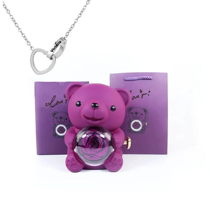 Eternal Rose Teddy Bear Jewelry Box with Custom Name Necklace Valentine Wedding Special Present for Girlfriend Anniversary gift - AMULET RING STORE