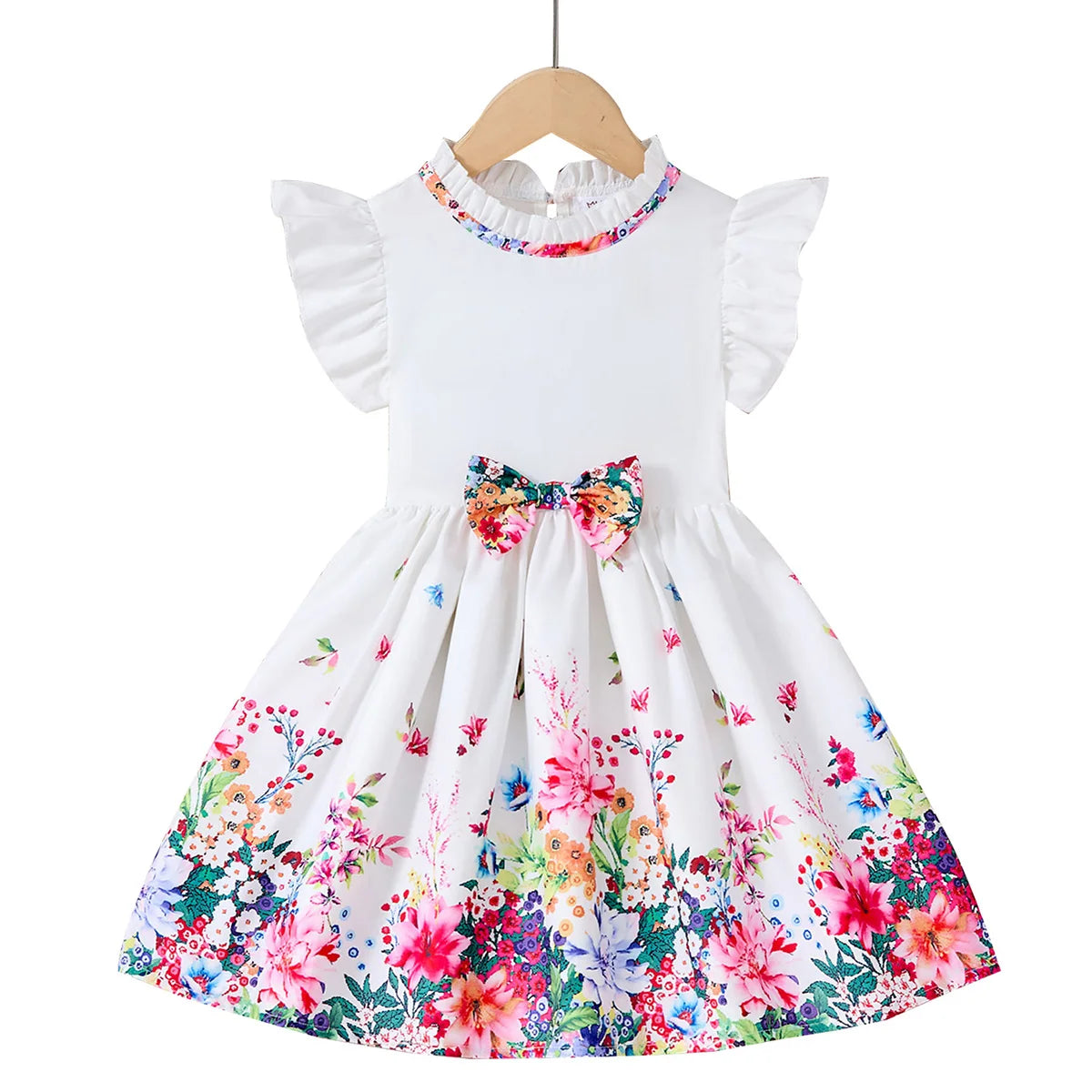 New Kids Girl Dress Summer Floral with Bow Fashion White Vestidos Short Sleeve Children Clothing Outfits Casual Printed  Dresses