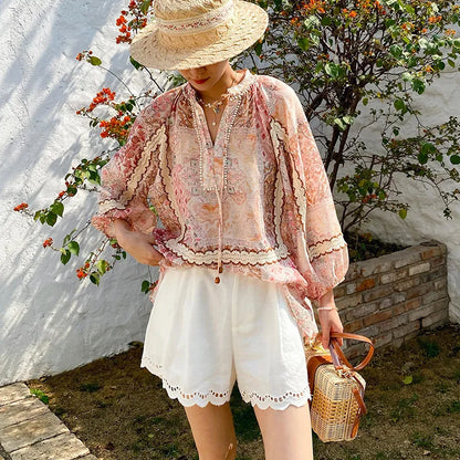 Boho Flrench Chic Floral Blouse Shirt Printed Summer Loose Lace Hollow Out Sexy Ladies Vocation Women Long Sleeve Top Shirts New
