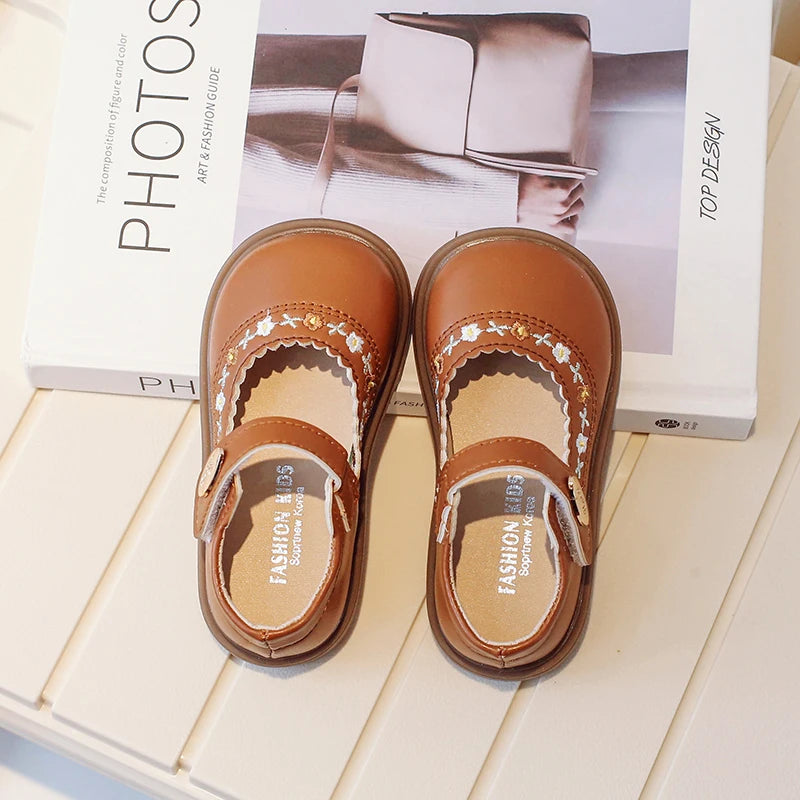 Toddler Girl's Mary Janes Flower Embroider Shallow Sweet Children Leather Shoes Three Colors Hook-loop Comfy Kids Shoe 21-30 - AMULET RING STORE