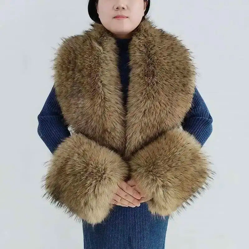 Large Winter Faux Fox Fur Scarf Women Jackets Warm Fluffy Shawl Fashion Artificial Fur Collar And Cuff Set Fluffy Scarves Female