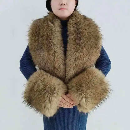 Large Winter Faux Fox Fur Scarf Women Jackets Warm Fluffy Shawl Fashion Artificial Fur Collar And Cuff Set Fluffy Scarves Female