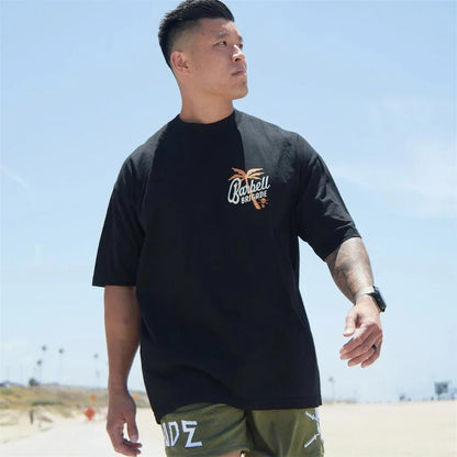 Barbell Brigade PALM TREE TEE Muscle Fitness Casual T-shirt Summer Men's Athleisure Workout Shirts Gym Sport Unisex Shirt Tops - AMULET RING STORE