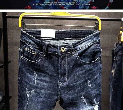 2025 New Ripped Jeans Men Slim-fit Denim Pants Cotton Korean Style Fashion Elasticity Versatile Blue Black Men's Clothing