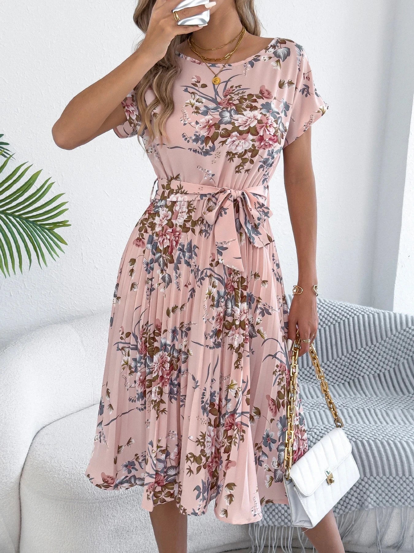 2025 Retro Floral Pattern Printed Dress Woman Elegant Spring Summer Round Neck Lace Up Short Sleeve Dress