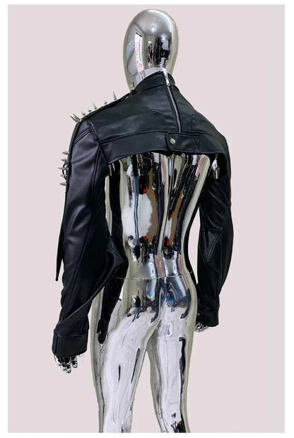 Mauroicardi Spring Autumn Cool Black Cropped Faux Leather Jacket Men Rivet Long Sleeve Zip Up Luxury Punk Style Emo Clothes 2025