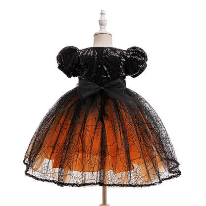 Girl Halloween costume 4-8 Yrs Halloween Theme Party Dresses Skeleton Bat Pumpkin Print Frocks Luxury Fluffy Kids Elegant Gown