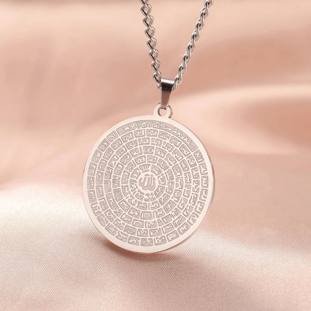 Dawapara 99 Names of Allah Necklace Islamic Muslim Arabian Calligraphy Ayatul Kursi Pendant Religious Stainless Steel Jewelry - AMULET RING STORE