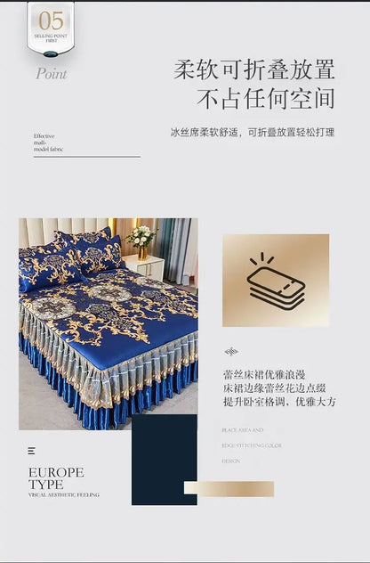 3Pcs/Lot Double Bed Sheet Set Classic Lace Royal Blue Bed Sheet Bed Skirt