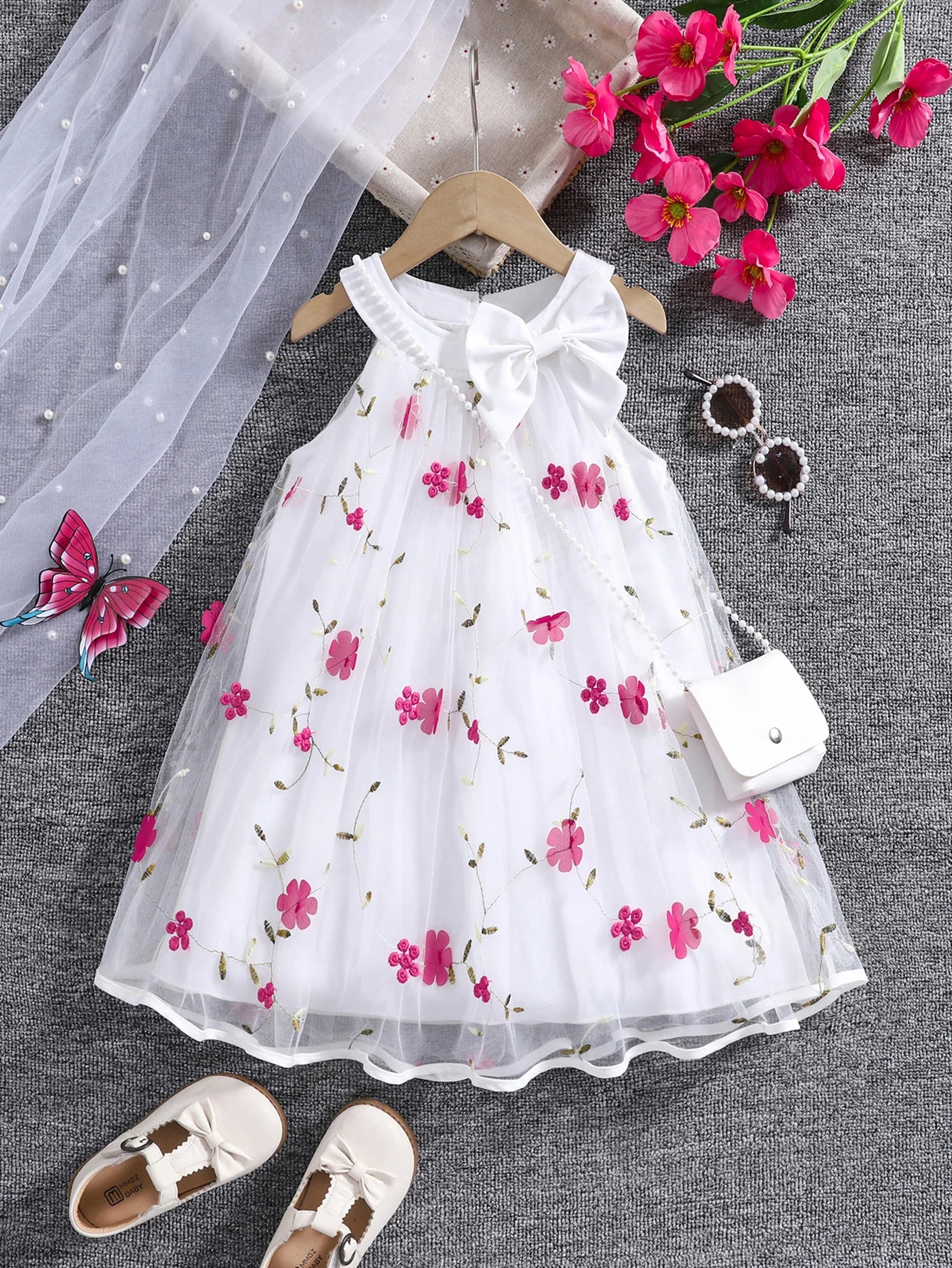 Girls summer fashion lady three-dimensional flower mesh bow decorative halter dress with bag