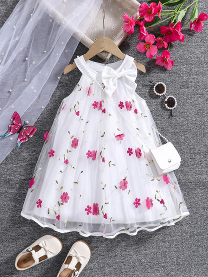 Girls summer fashion lady three-dimensional flower mesh bow decorative halter dress with bag