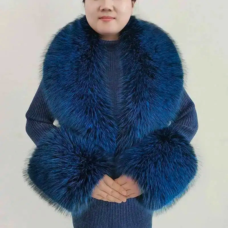 Large Winter Faux Fox Fur Scarf Women Jackets Warm Fluffy Shawl Fashion Artificial Fur Collar And Cuff Set Fluffy Scarves Female