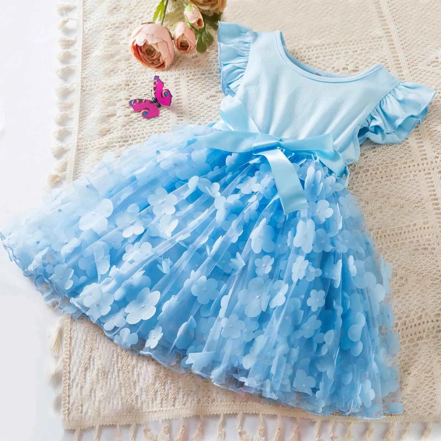 Toddler Baby Girls Clothes Elegant Floral Print Tulle Dress Summer Kids Princess Party Birthday Dress Butterfly Solid Mesh Dress