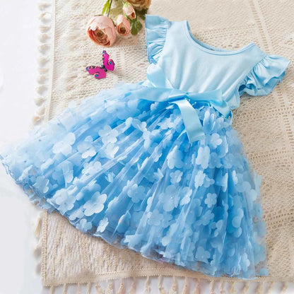 Toddler Baby Girls Clothes Elegant Floral Print Tulle Dress Summer Kids Princess Party Birthday Dress Butterfly Solid Mesh Dress
