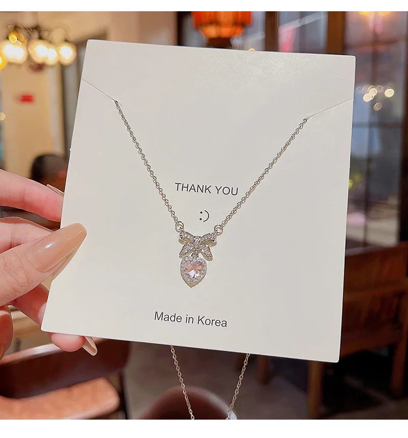Korean Fashion Pink Crystal Heart Bow Tie Pendant Necklace Silver Color Chain Neck Necklace for Women Wedding Aesthetic Jewelry