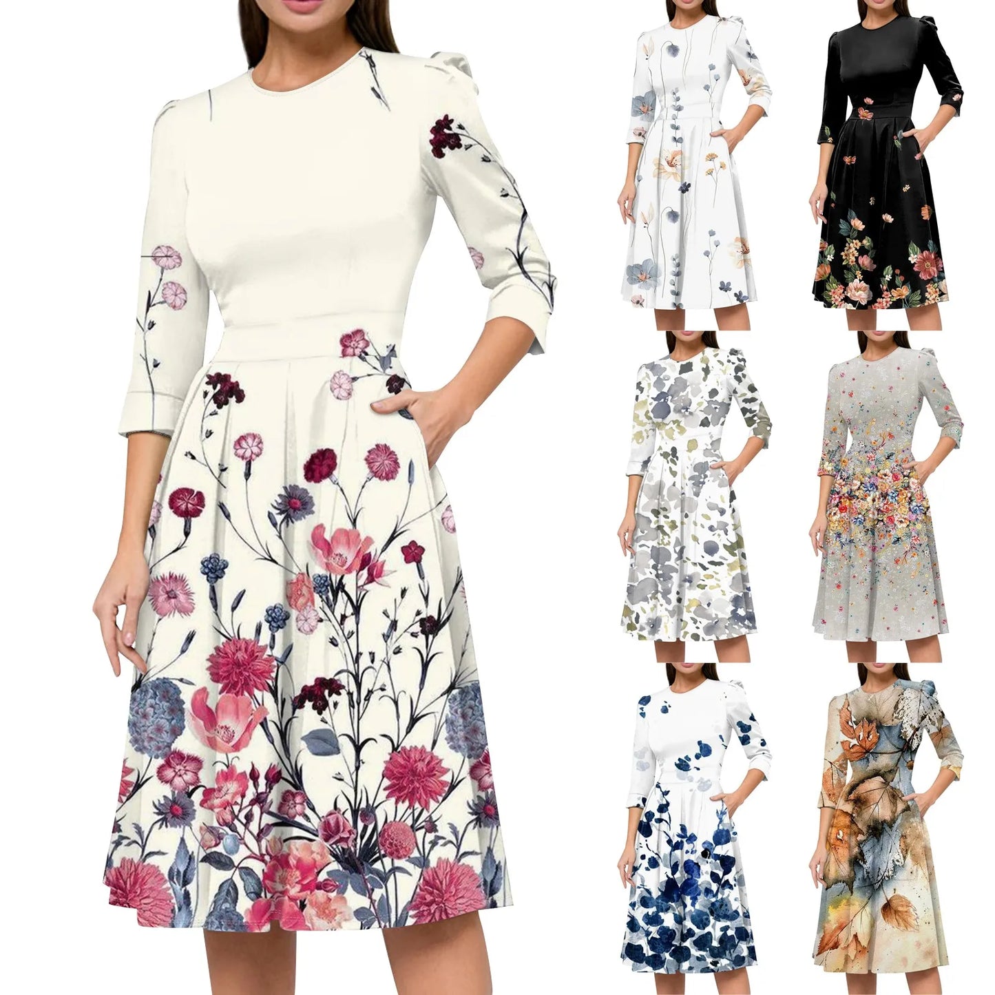 Traf Women 2025 Women'S Casual And Fashionable 3/4 Sleeve Pocket With Back Zipper Dress