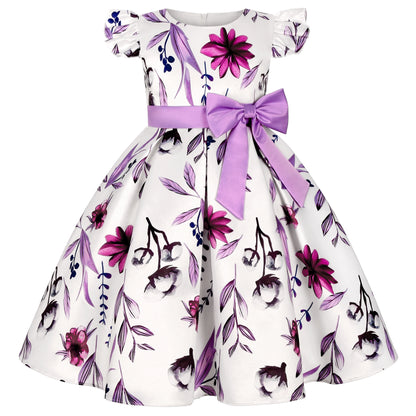 Foreign trade hot new small flying sleeve girl dress dress bow print dress princess birthday party clothing