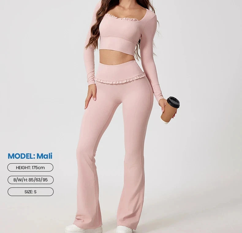 1/2PCS Pad Women Yoga Set Lotus Gym Fitness Long Sleeve Sports Crop Top High Waist Bell Flare Legging Workout Athletic Wear