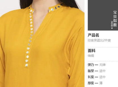 Indian Saree Long Cotton Silk Yellow Ethnic Style Thin Breathable Top Pants Scarf Indian Sari Traditional Indian Clothing Set