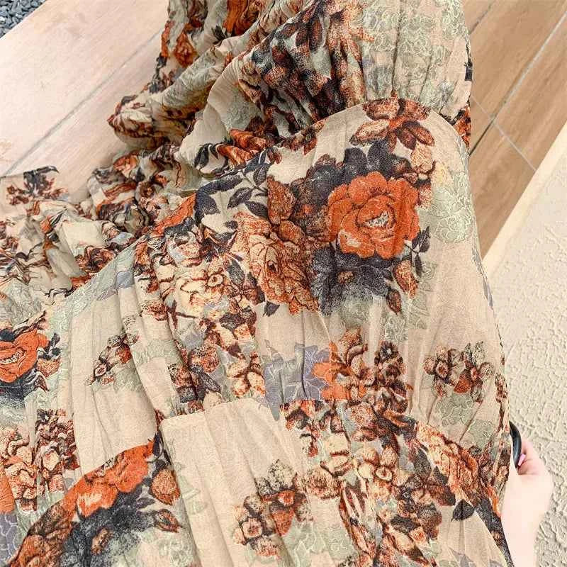 Retro Floral Pleated to Ankle f Skirt Women's Draped High Waist Midi A-Line Skirt Polyester Fiber Spring Season