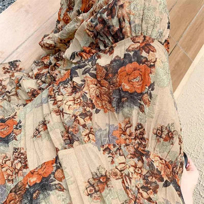 Retro Floral Pleated to Ankle f Skirt Women's Draped High Waist Midi A-Line Skirt Polyester Fiber Spring Season