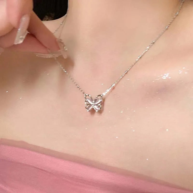 Korean Fashion Pink Crystal Heart Bow Tie Pendant Necklace Silver Color Chain Neck Necklace for Women Wedding Aesthetic Jewelry