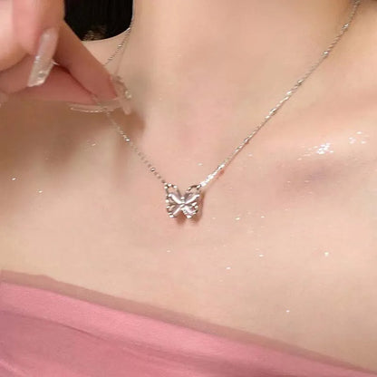 Korean Fashion Pink Crystal Heart Bow Tie Pendant Necklace Silver Color Chain Neck Necklace for Women Wedding Aesthetic Jewelry