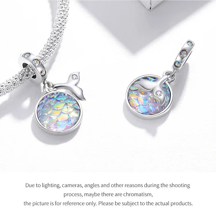 BISAER 925 Sterling Silver Charm Ocean Style Fish Dolphin Mermaid Shell Blue CZ Bead For Necklace&Bracelet DIY Fine Jewelry Gift - AMULET RING STORE