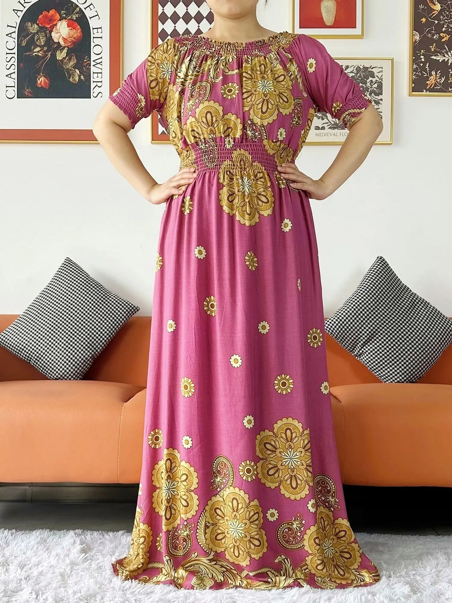 New Summer Women Abaya Short Sleeve Dashiki Floral Collect Waist Loose Maxi Robe Floral Femme Musulmane African Printing Abaya